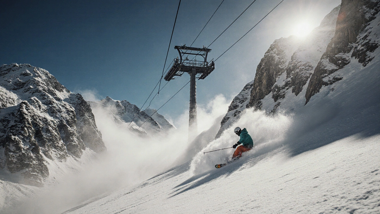 Эксперты скользят по нетронутому снегу в зоне Glacier Chutes на Блэккомбе при рассвете.