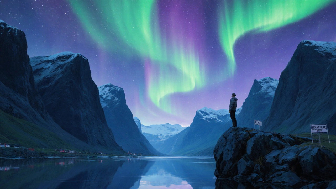 Фьорд в Норвегии при северном сиянии, одинокая фигура на скале под цветным небом.