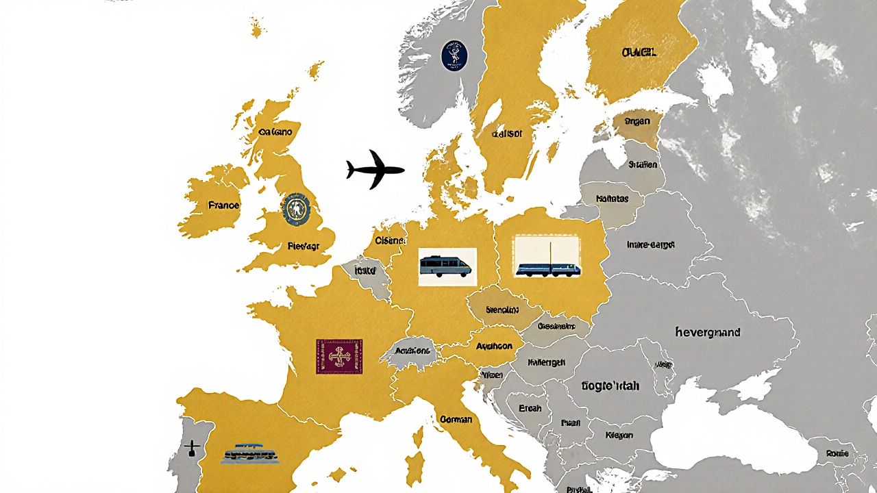 Карта Европы с выделенными странами Шенгенской зоны и значками путешествий.