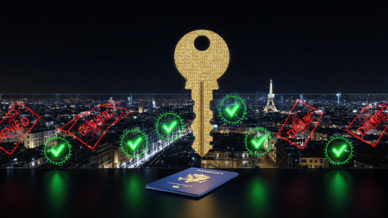 Золотой ключ из цифровых кодов над европейским городом, символизирующий доступ без визы.