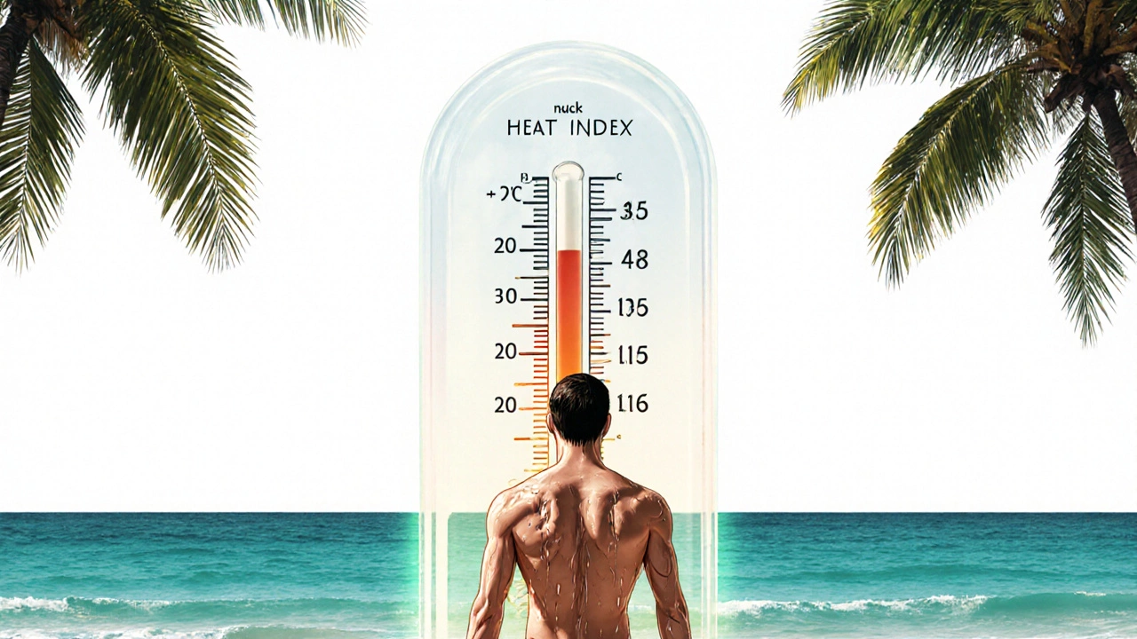 Человек на пляже в тропиках, пот капает с кожи, индекс жары на фоне показывает +45°C.