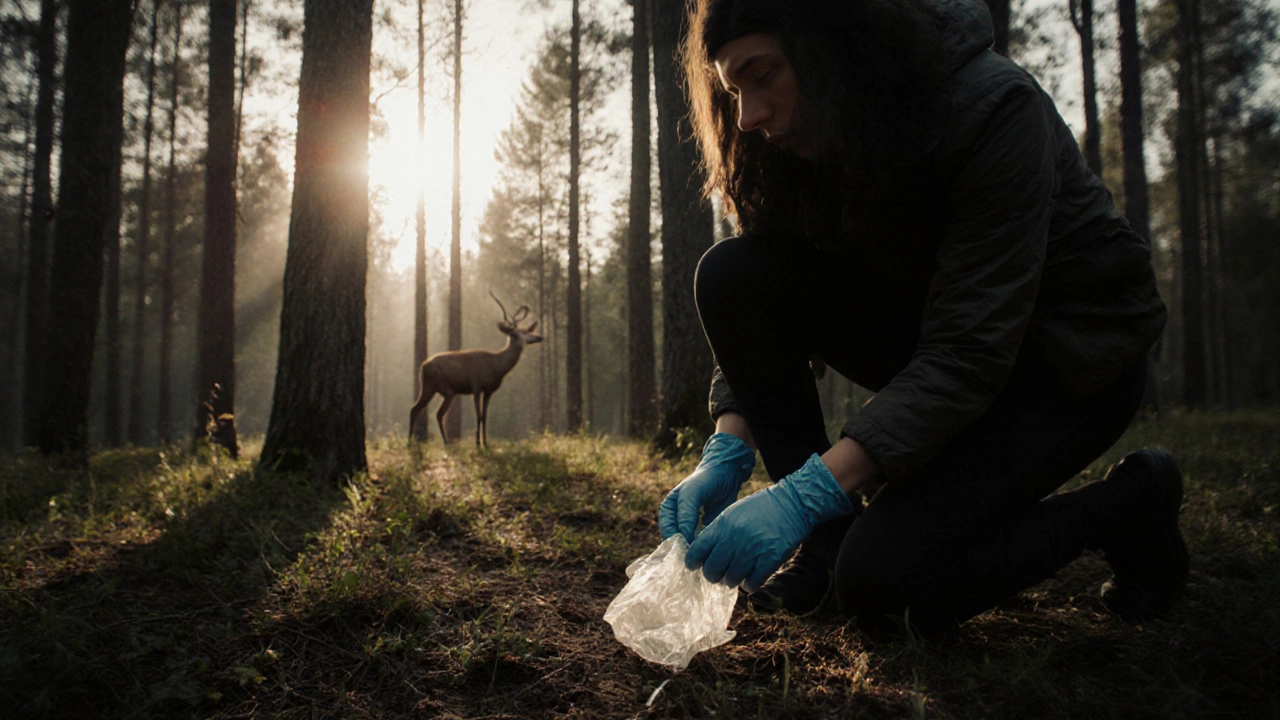 Человек поднимает мусор с земли в лесу, олень наблюдает с расстояния.