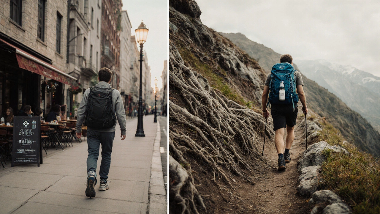 Два пути: городская прогулка и горный поход — один человек, две реальности, разделенные природой.
