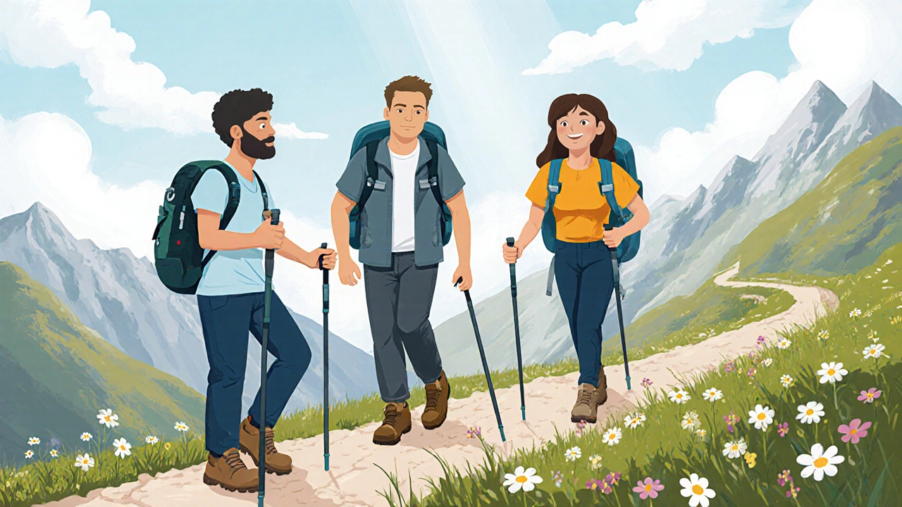 Группа горожан идет по горной тропе в Кавказе, все в одинаковой экипировке.