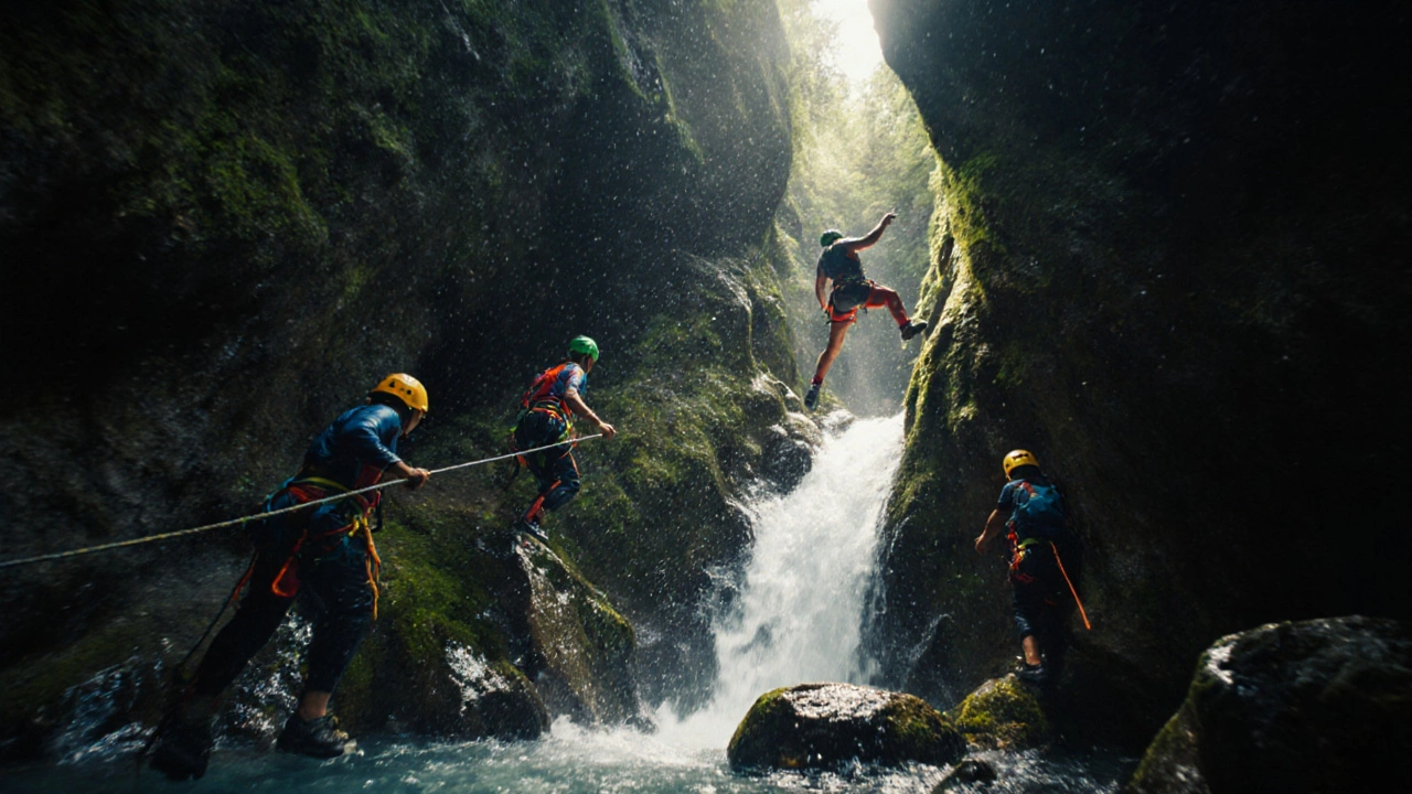 Группа туристов спускается по каменистому каньону с водопадами и прыгает в воду.