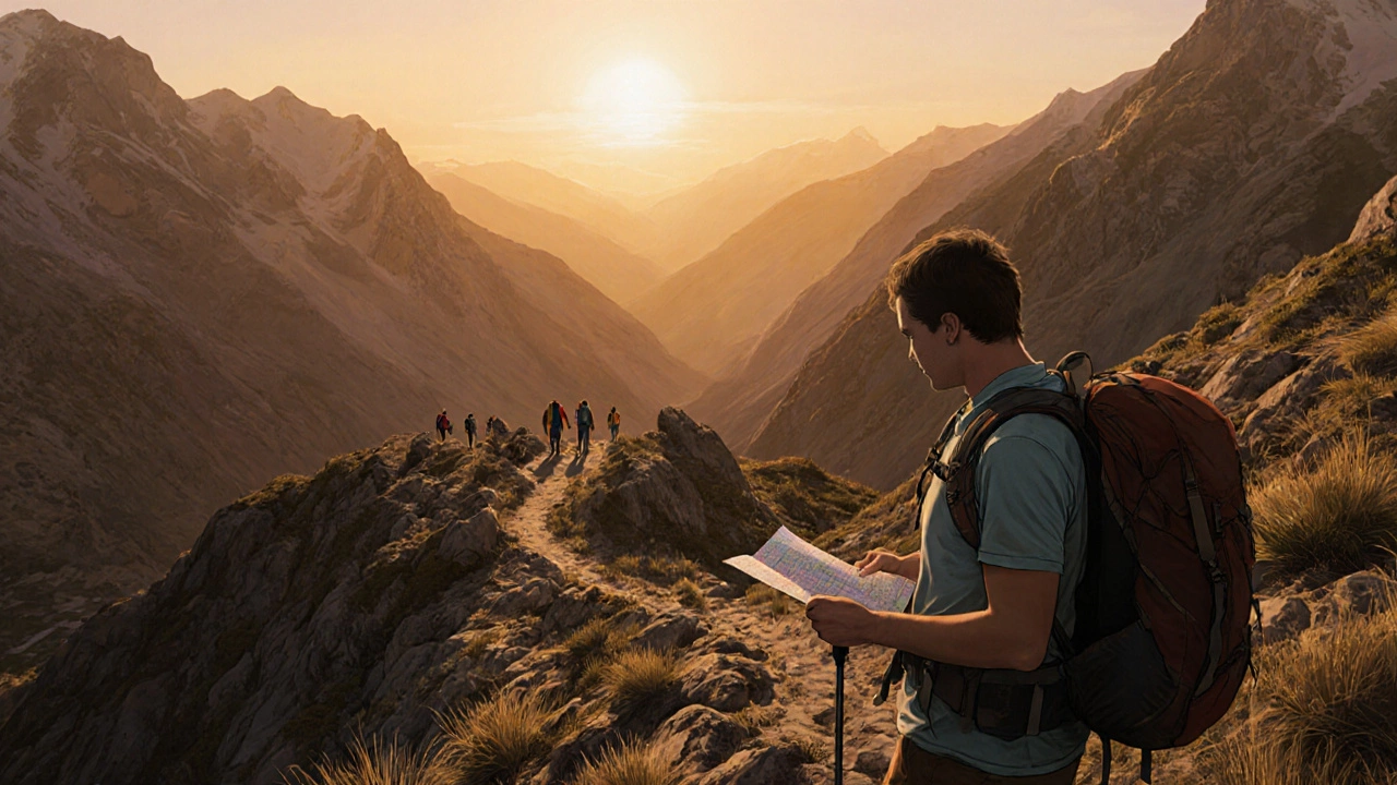 Хайкер на скалистом склоне смотрит вниз на тропу, в руке — карта и компас, за спиной — закат.