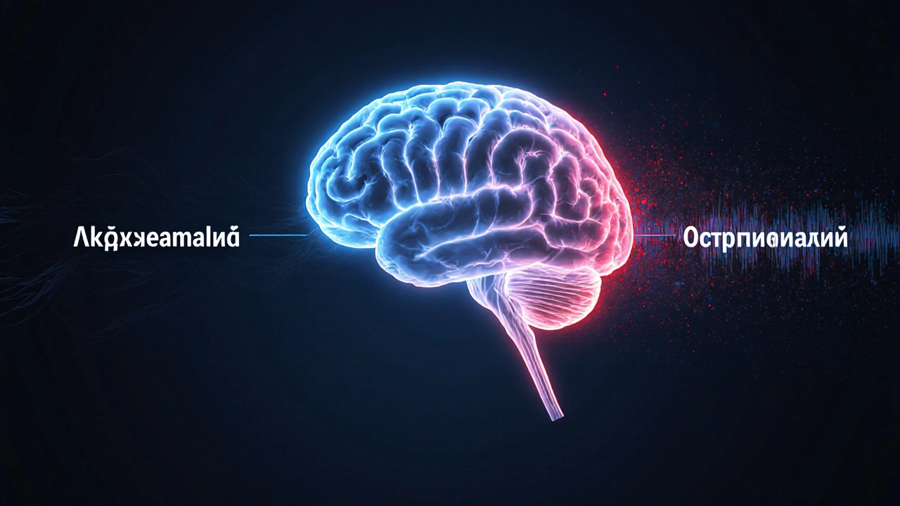 Мозг с двумя нейронными путями: один — правильное написание, другой — искажённое, символизирующее слуховую ошибку.
