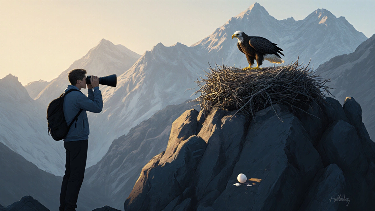 Наблюдатель с камерой смотрит на гнездо орлана, не используя дрон.