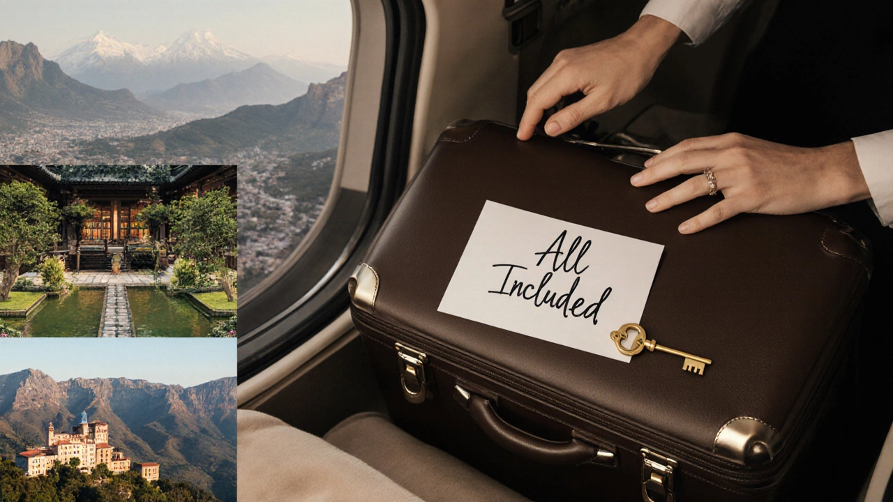 Один чемодан на борту частного самолёта с надписью &#039;Всё включено&#039;, символизирующий безграничный доступ к мировым достопримечательностям.