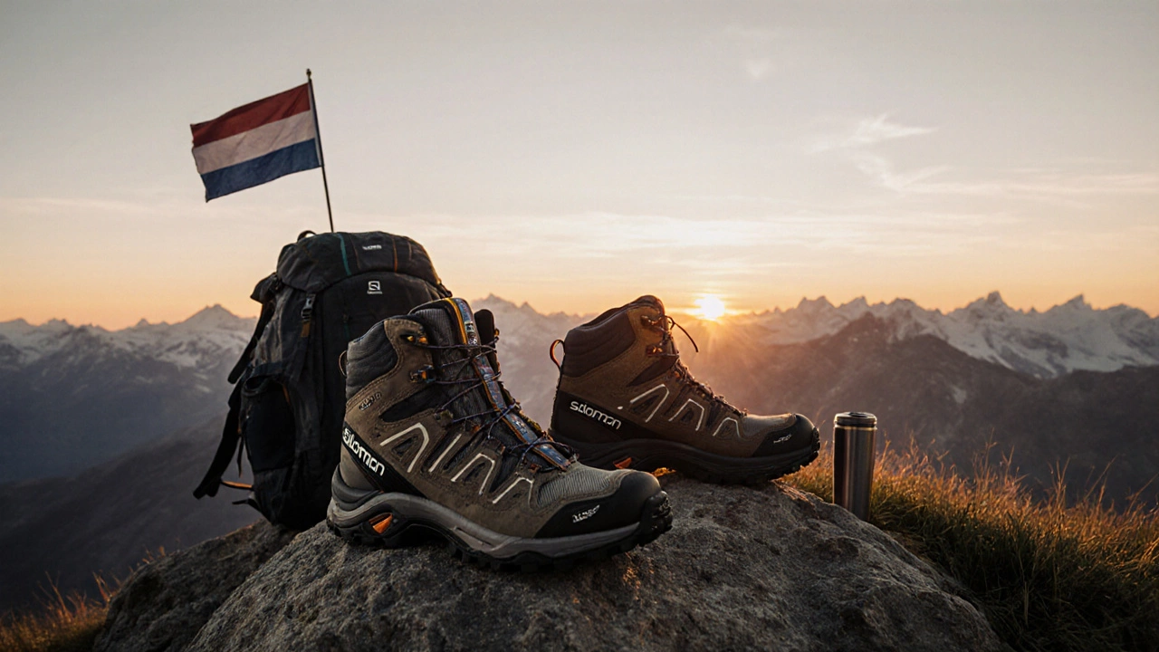 Пару горных ботинок и рюкзак на вершине на закате, символ завершенного похода.