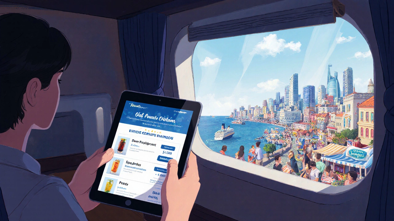 Пассажир в тесной кабине смотрит на экран с предложениями дорогих услуг, за окном — оживлённый порт.