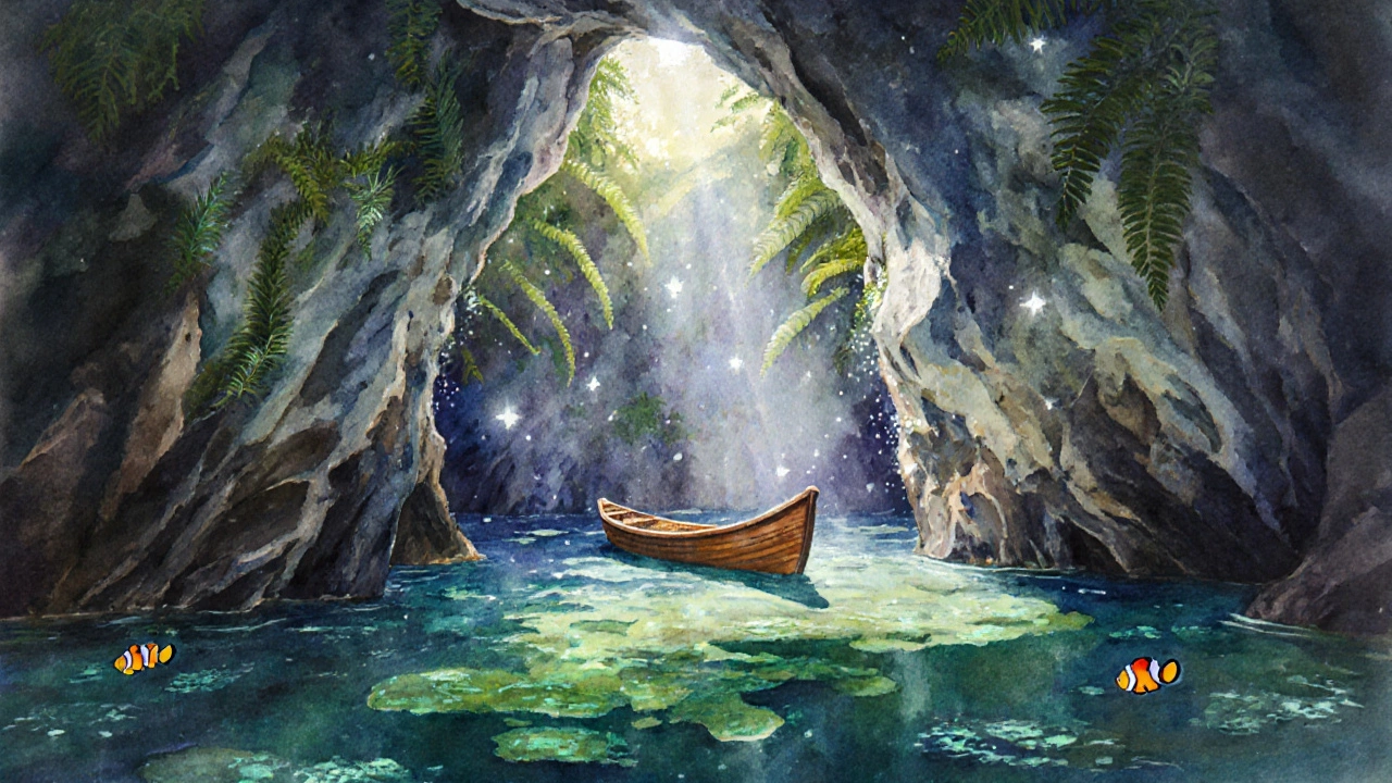 Подземная река в Палаване, Филиппины, лодка в свете солнца, рыбы и водоросли.