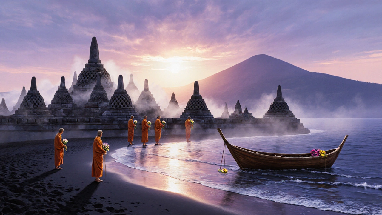 Рассвет над храмом Боробудур, Индонезия, монахи с цветами, туман.
