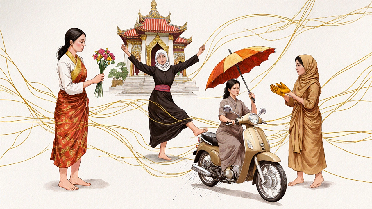 Разные азиатские женщины — в саронге, хиджабе, на мопеде — связаны золотыми нитями, символизирующими внутреннюю силу.