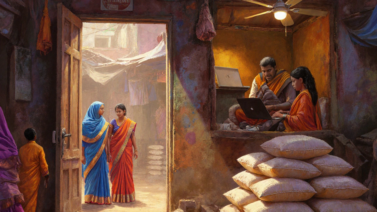 Рынок в Дакке, Бангладеш, с видом на съемную комнату выше и яркими тканями.