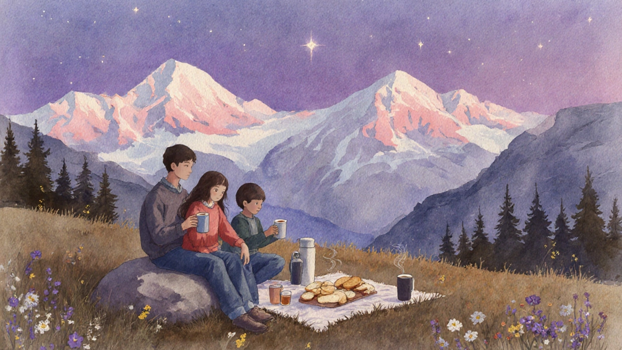 Семья устраивает пикник на лугу у гор, на фоне розовых снежных вершин на закате.