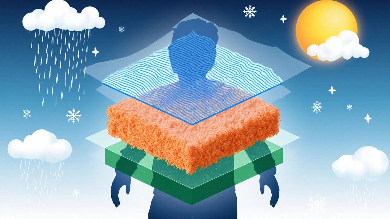 Схематичное изображение трех слоев одежды для хайкинга с погодными условиями вокруг.