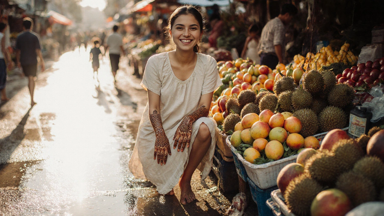 Тайская женщина продает фрукты на рынке, улыбается, руки с хной, солнечный свет, ребенок держится за нее.