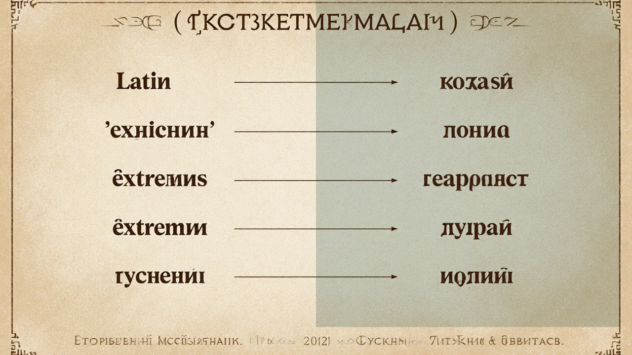 Винтажный постер с этимологией слова &#039;экстремальный&#039;: латинское &#039;extremus&#039; переходит в русское написание.