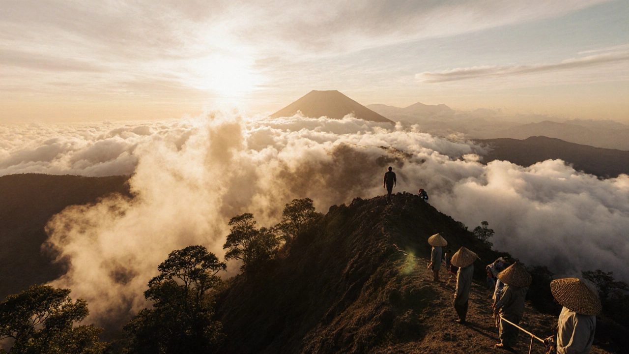 Восход солнца над вулканом Ринджани на Ломбоке, Индонезия, с горнолыжником на вершине.