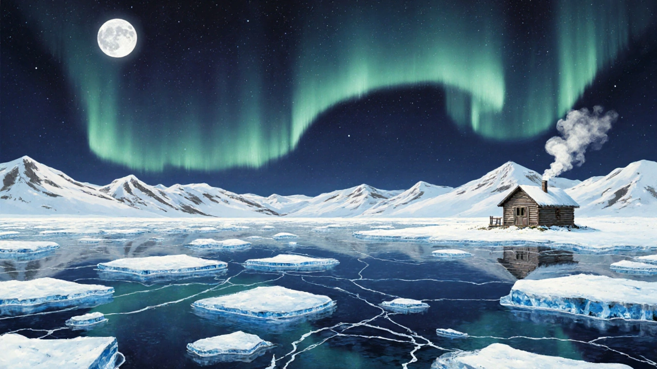 Замёрзшее озеро Байкал в январе, северное сияние, ледяные трещины, деревянный домик.