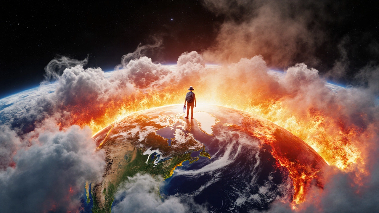Земля как печь: экватор горит, океаны испаряются, путешественник — крошечная фигура в огне.
