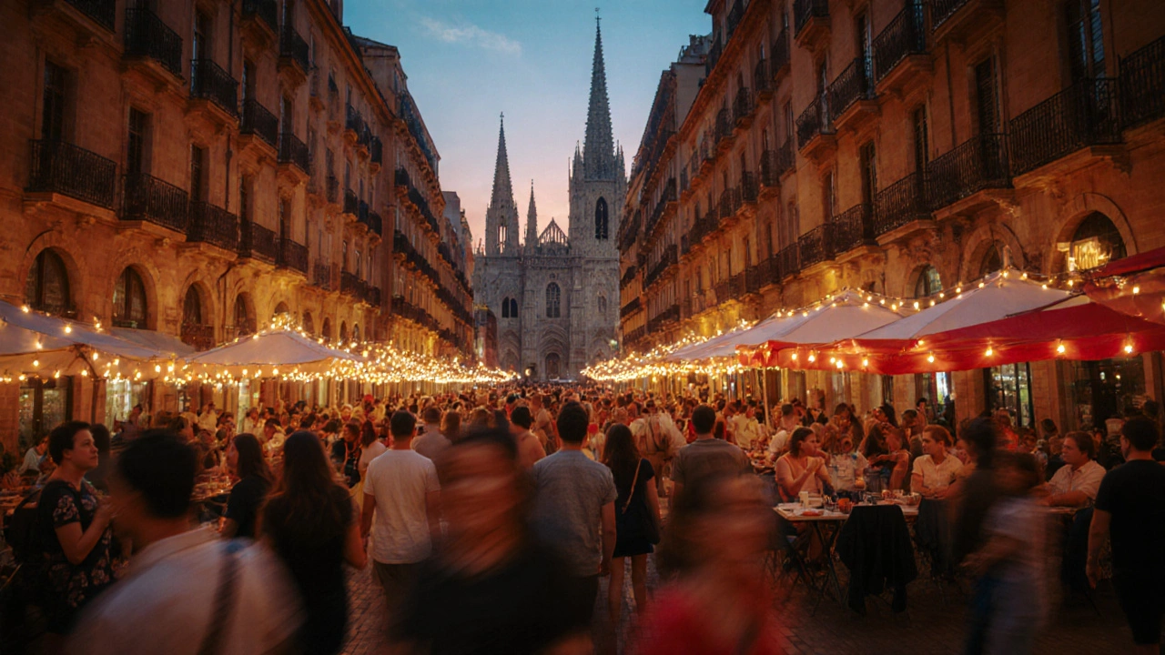 Живописный вечер в Готическом квартале Барселоны в июле с толпами и огнями террас.