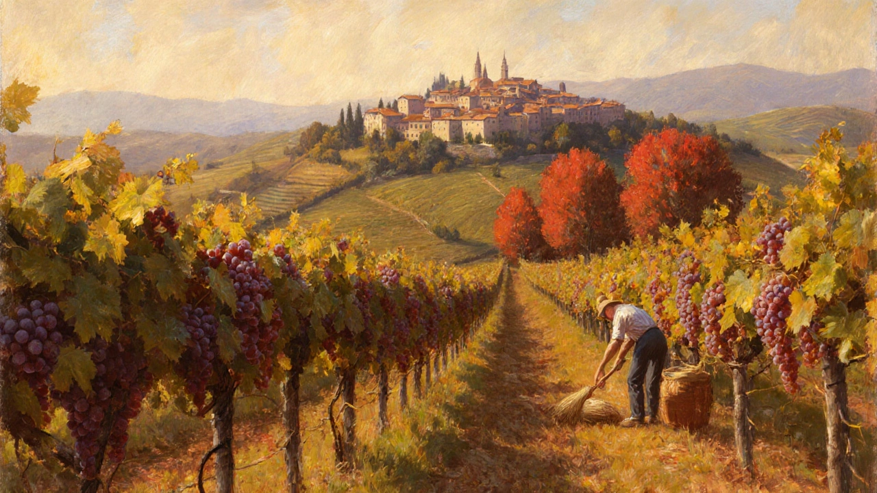 Золотые виноградники Тосканы в сентябре с собирателями винограда и деревнями на фоне.