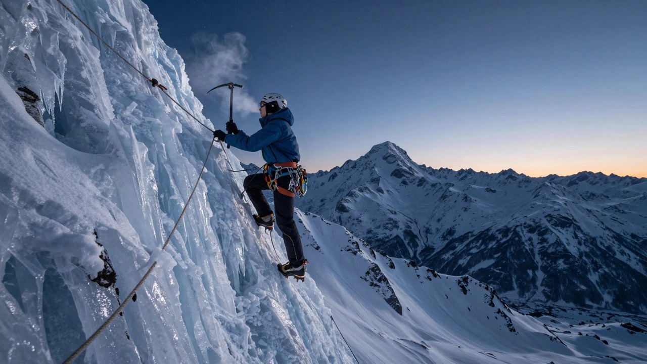 Альпинист поднимается по ледовому склону в Алтае, используя ледоруб и верёвки при звёздном небе.