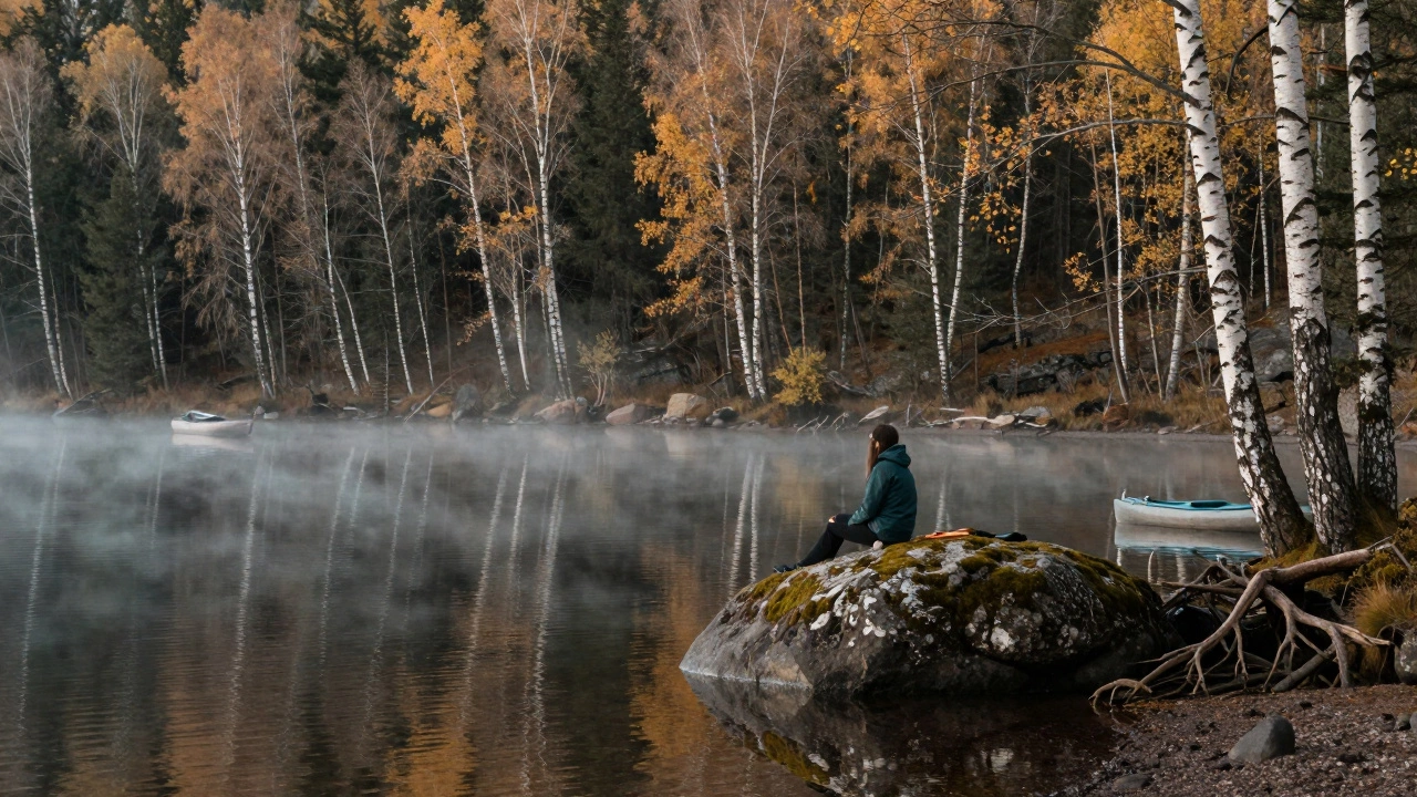 Человек у озера Байкал в тишине леса, отражение деревьев в воде.