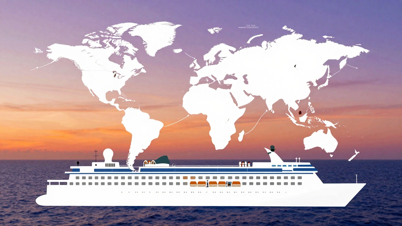 Кругосветный круиз на корабле с картой мировых портов на палубе, закат над океаном.