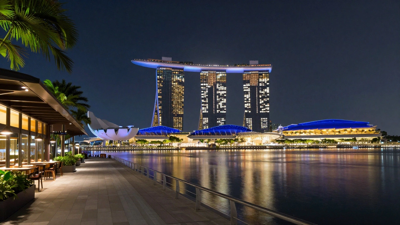 Ночная панорама Марина Бэй Сандс в Сингапуре с идеально чистыми улицами.