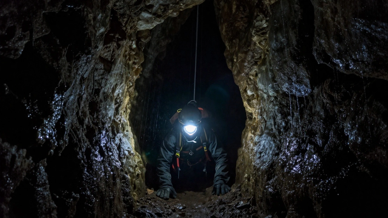 Пещера, узкий проход, фонарик освещает пропасть — один человек в темноте.