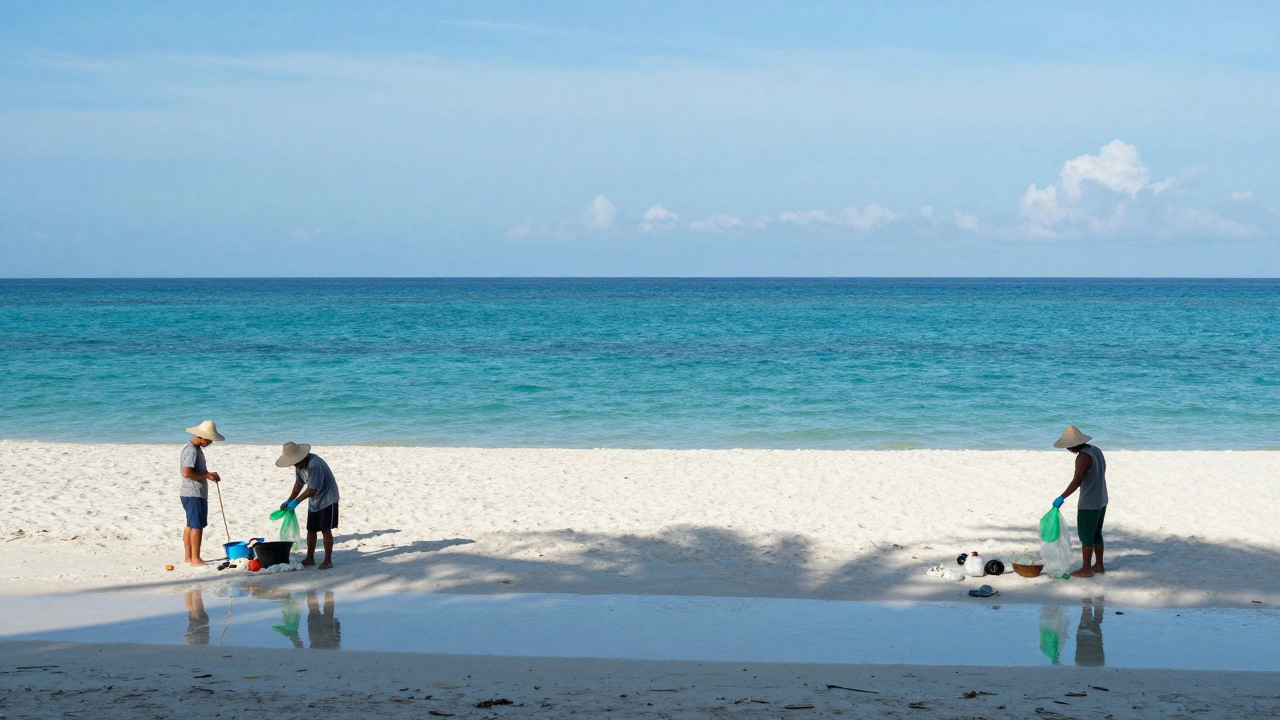 Пляж Уайт-Бич на Боракае, местные рыбаки убирают мусор на рассвете, спокойная вода и белый песок.
