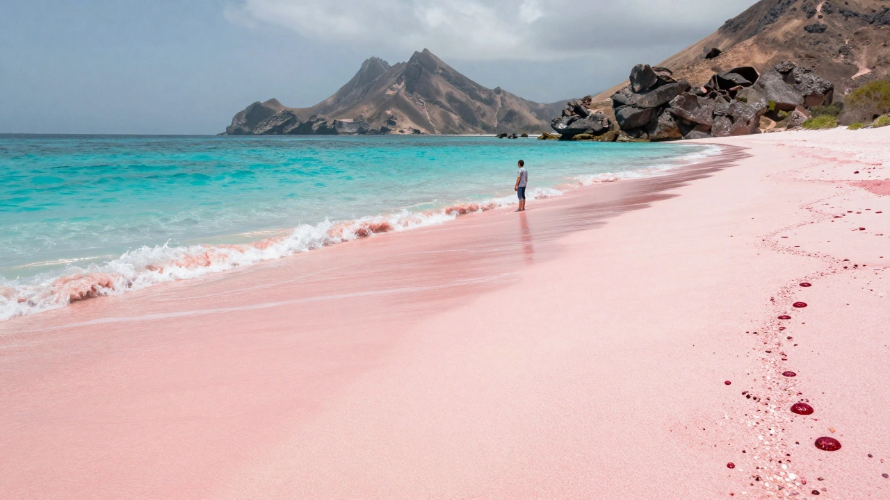 Розовый песок на острове Комодо, ИНдонезия, с бирюзовой водой и скалами на фоне, без туристов.