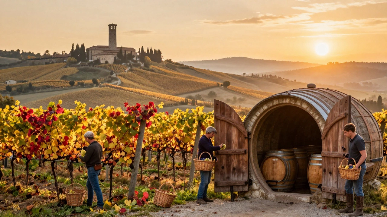 Сбор винограда в Тоскане в сентябре на золотисто-красных виноградниках.