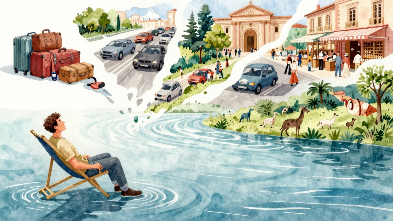 Символическое изображение: стресс путешествий растворяется в течении реки, заменяясь спокойствием.