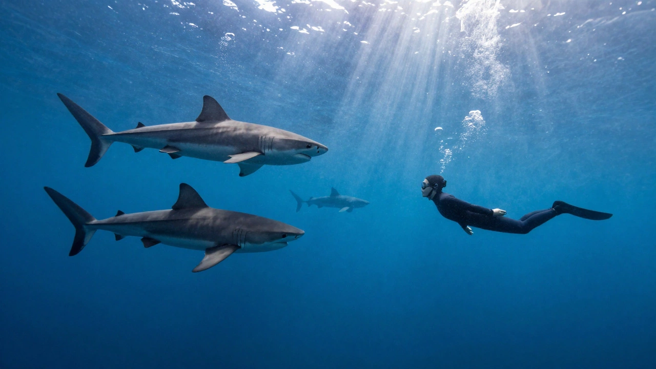 Сквозь синеву океана плывут акулы, дайвер без клетки в открытом море.