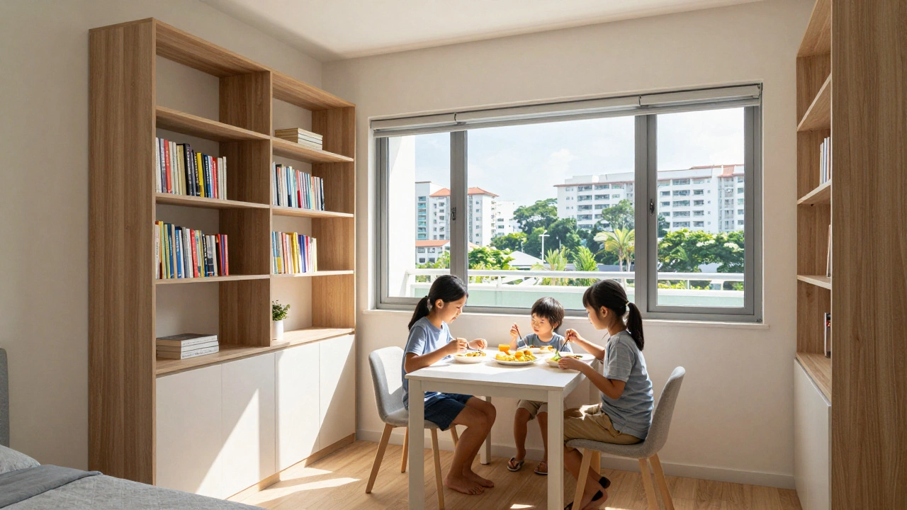 Современная квартира в социальном жилье Сингапура с семьёй за обедом
