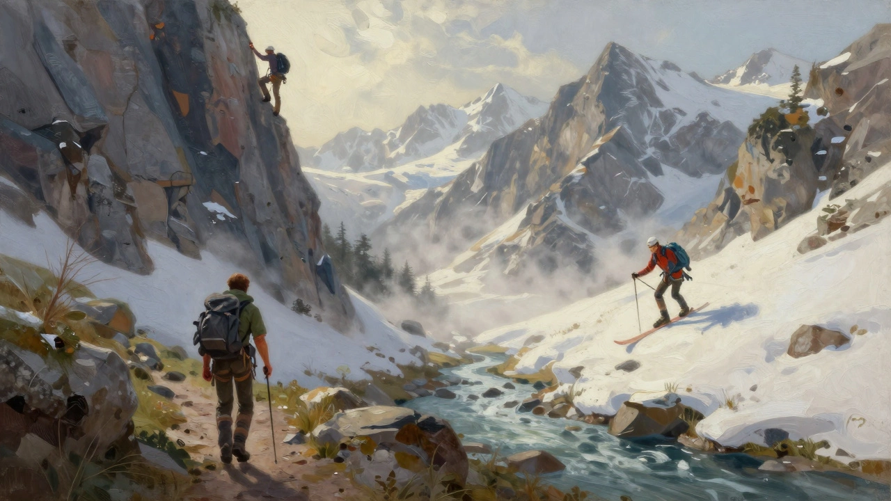 Три типа горных туристов — пешеход, скалолаз и лыжник — в одном горном пейзаже, символизируя разнообразие горного туризма.