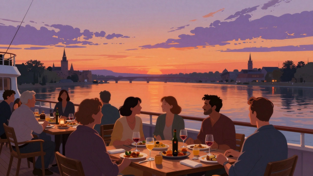 Ужин на палубе теплохода при закате: гости наслаждаются едой и видом на реку в тишине.