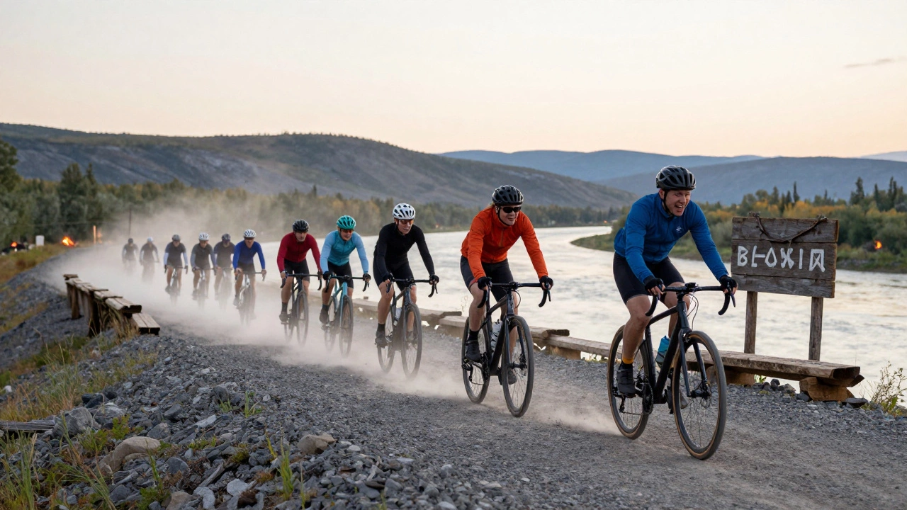 Велосипедисты едут по долине реки Обь, пыль и дальние холмы на фоне.