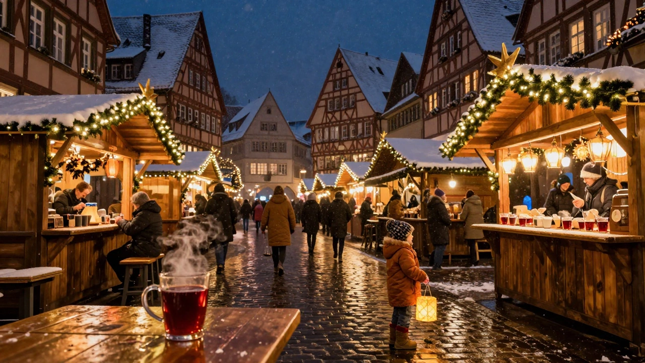 Зимний рождественский рынок в Нюрнберге с огоньками и падающим снегом.