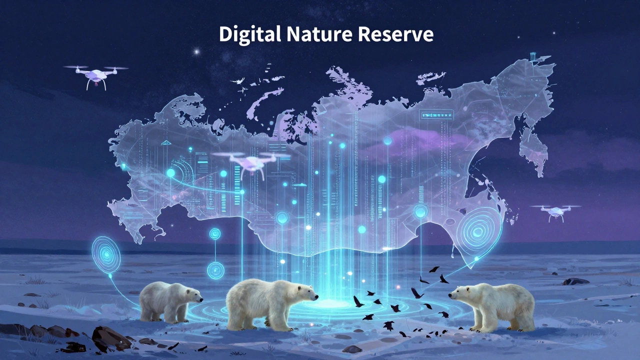 Цифровые данные, дроны и датчики, накладывающиеся на арктическую тундру с скрытыми животными.