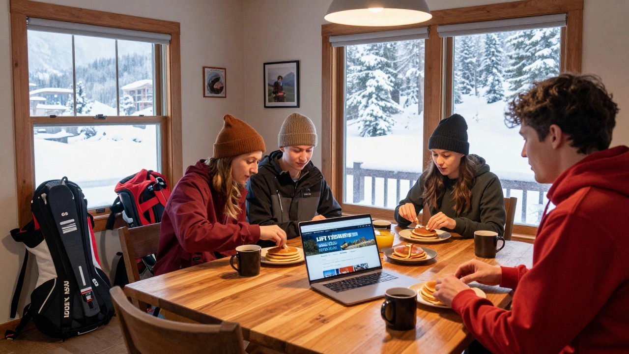 Друзья завтракают в апартаментах в Фрэйзере, готовясь к катанию, за окном — снег.