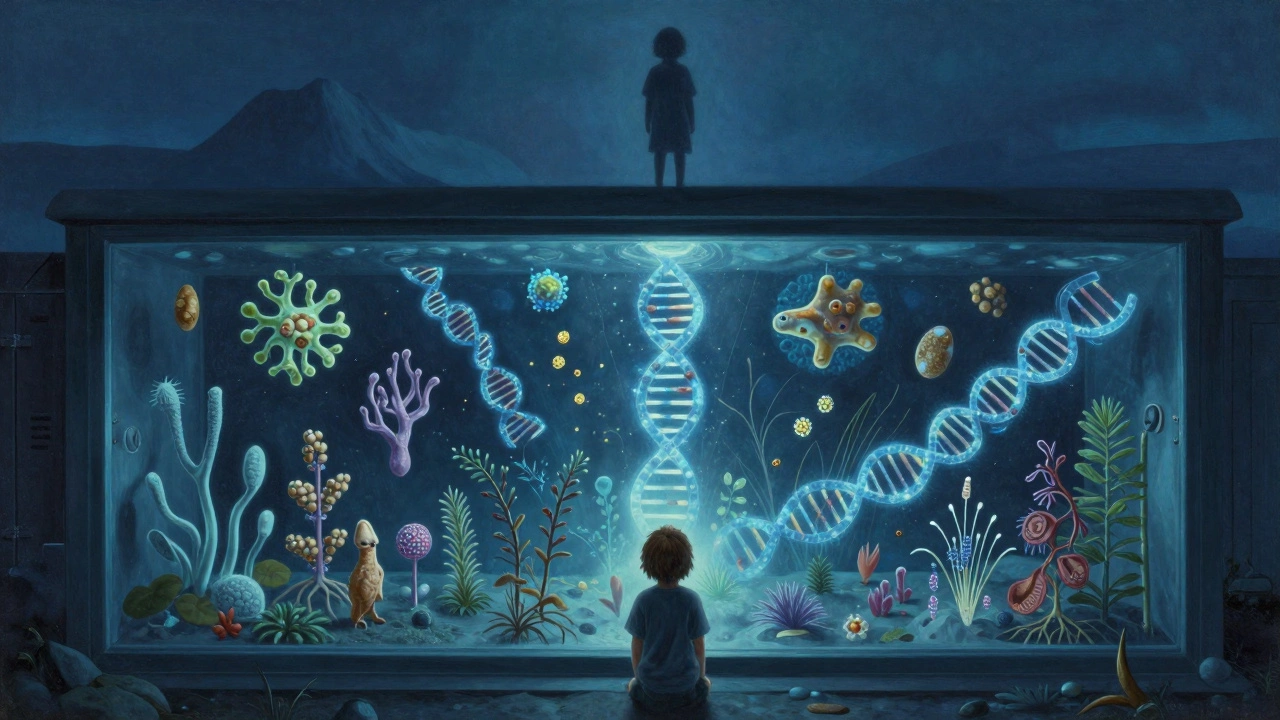 Генетический банк под тундрой с мерцающими семенами и микроорганизмами, символизирующий сохранение жизни.