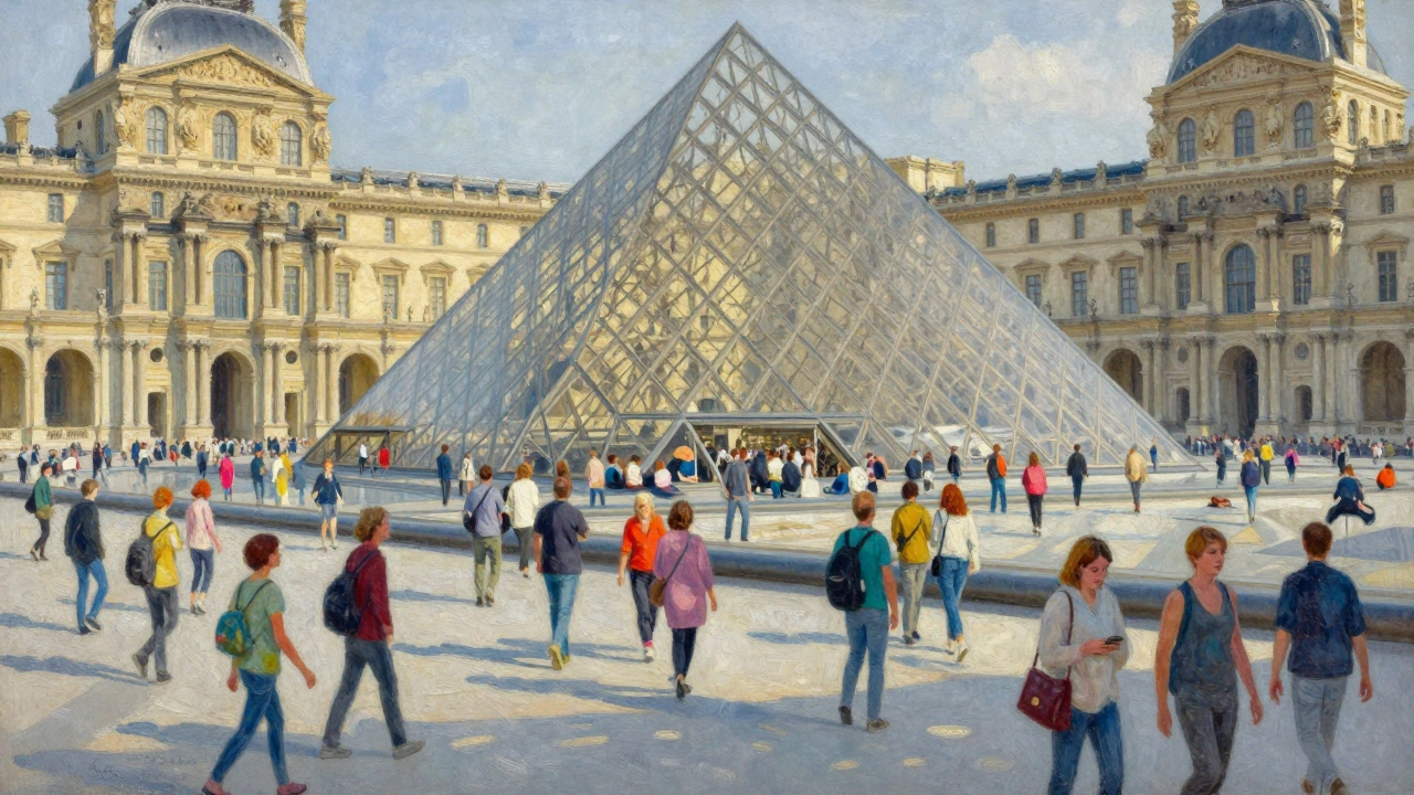 Лувр в полдень: сотни туристов движутся вокруг стеклянной пирамиды.