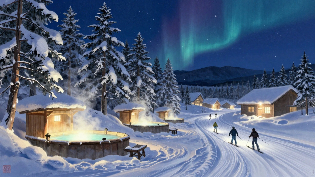 Ночное катание в Ниссико: огни трассы, термальные бани и падающий снег под лунным светом.