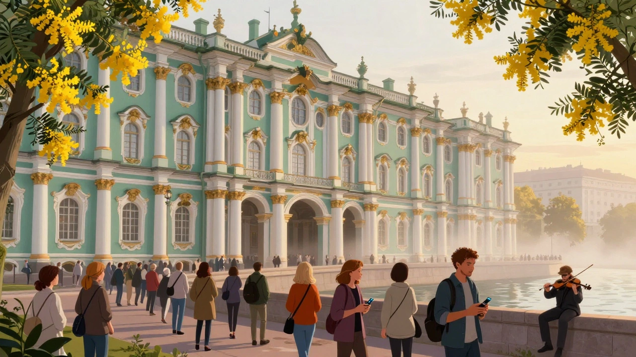 Очередь в Эрмитаж утром: посетители входят в Зимний дворец под арками.