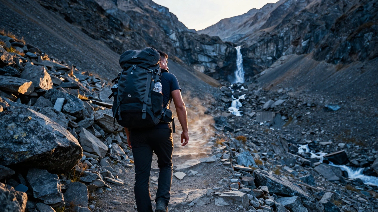 Опытный турист поднимается по горной тропе в Алтае с рюкзаком и бутылками воды.